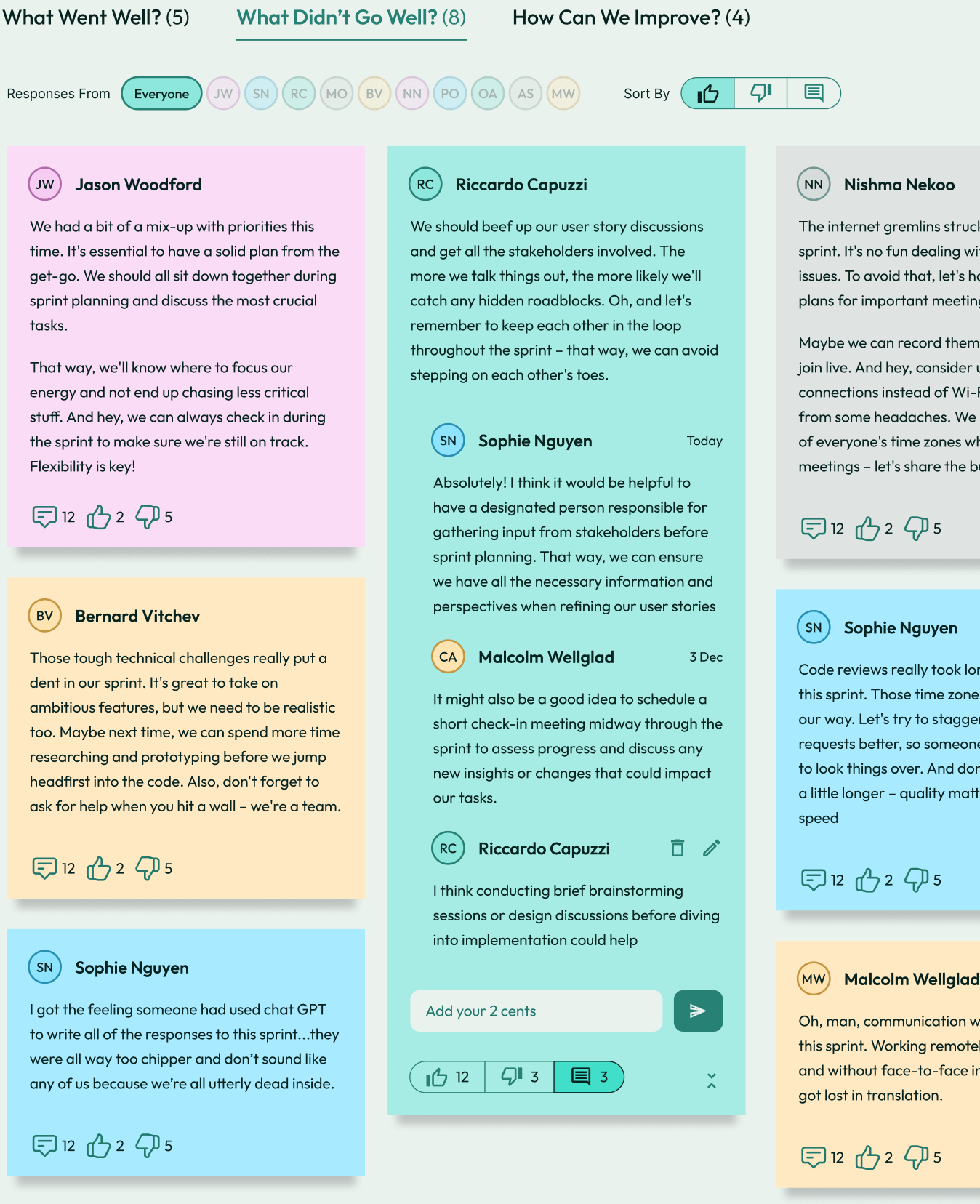 screenshot of the response wall UI showing everyone's retro responses for all to view